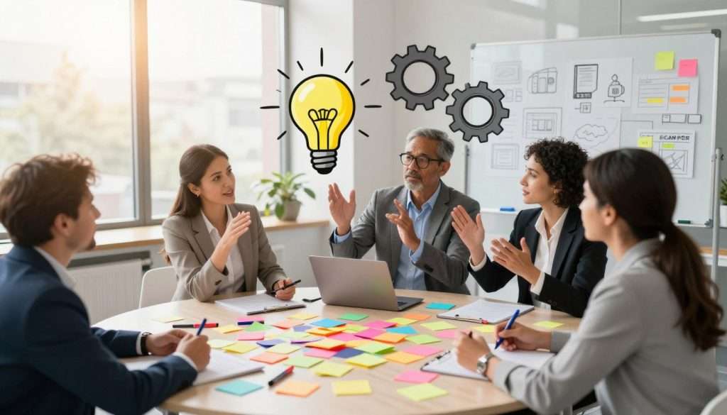 A dynamic brainstorming scene illustrating the SCAMPER Method in action. In the foreground, a diverse group of four professionals, dressed in smart business attire, are gathered around a large, round table cluttered with colorful sticky notes and markers. The mood is collaborative and energetic, with animated gestures suggesting lively discussion. In the middle ground, visual metaphors for SCAMPER—such as light bulbs, gears, and arrows—float above the table, symbolizing creativity and innovation. The background features a bright, modern office space with large windows allowing warm sunlight to pour in, enhancing the atmosphere of inspiration. A slightly blurred view of a whiteboard filled with ideas and diagrams reinforces the theme of creative problem-solving. The angle is slightly tilted from above, providing a comprehensive view of the collaborative environment.