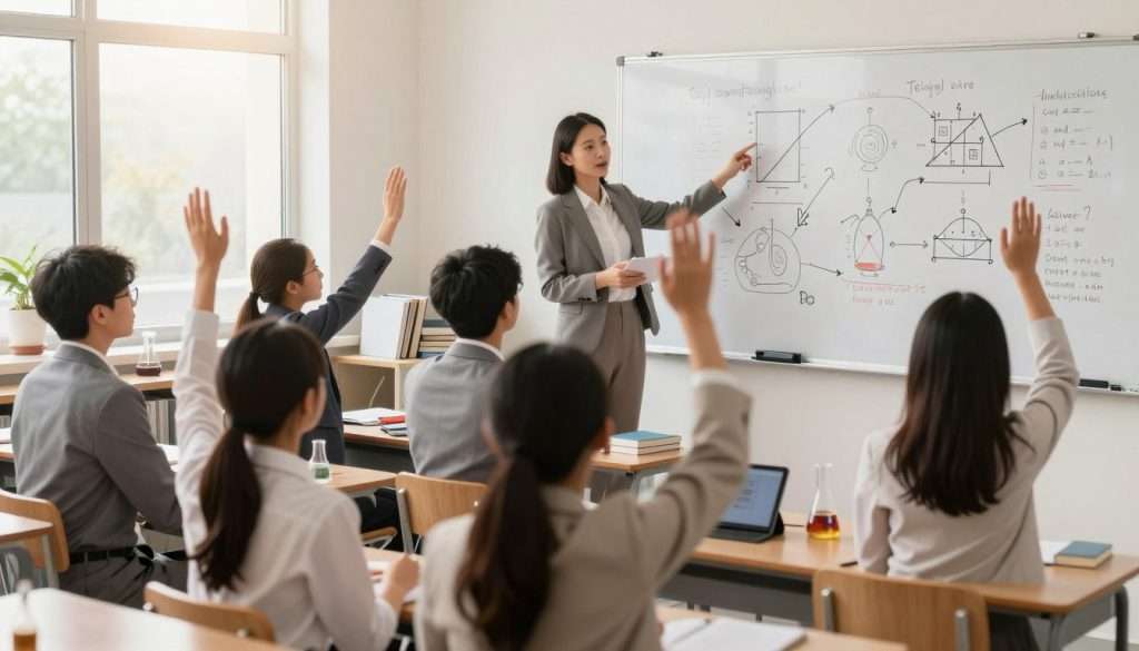 A dynamic classroom scene depicting elaborative interrogation in science education. In the foreground, a diverse group of students, dressed in professional business attire, actively engaging with a whiteboard filled with complex scientific diagrams and questions, while raising their hands to contribute. The middle ground showcases a dedicated teacher facilitating the discussion, surrounded by various educational tools such as books, tablets, and experiments. In the background, large windows let in soft, natural light, casting a warm glow over the room. The atmosphere feels collaborative and intellectually vibrant, inviting creativity and curiosity. The angle focuses on the interaction between students and teacher, with an emphasis on active engagement and critical thinking in science learning.
