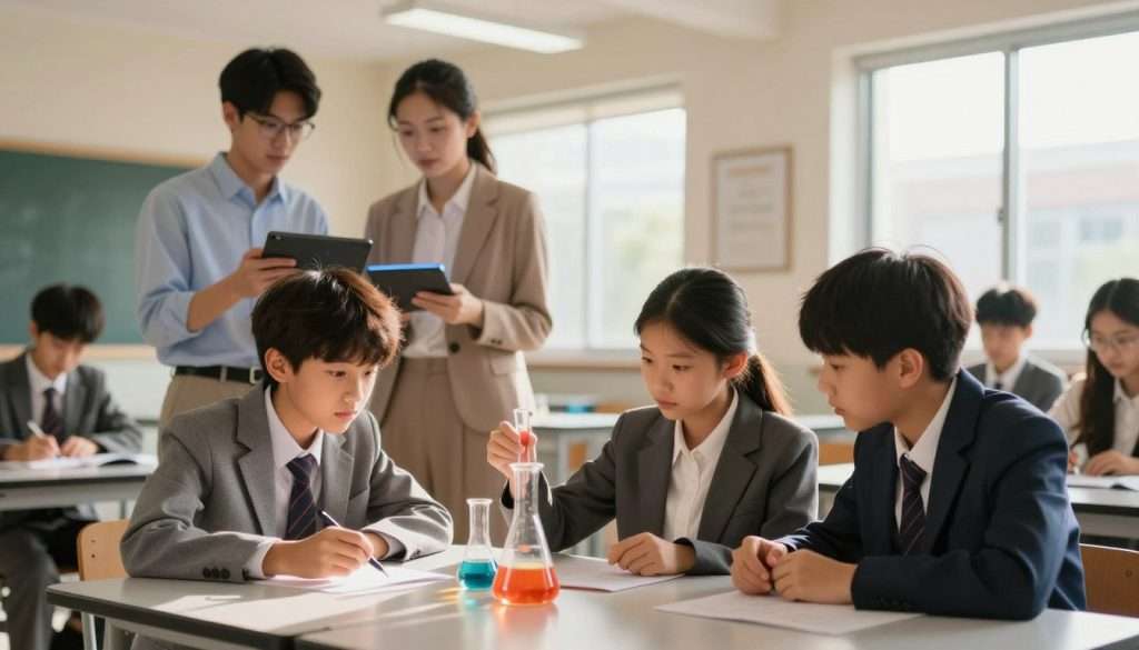 A dynamic classroom scene showcasing immersive learning, with diverse students actively engaged in hands-on activities. In the foreground, a group of three students wearing professional business attire collaborates on a science experiment, attentively observing a colorful chemical reaction in a glass beaker. In the middle ground, a teacher guides another group of students, utilizing interactive technology like tablets and augmented reality tools to enhance their learning experience. The background features large windows allowing natural light to flood the room, creating an inviting, warm atmosphere. Soft shadows cast by strategically placed overhead lights add depth, while the angle captures the energy and enthusiasm of active learning, contrasting with a vague silhouette of a traditional classroom setting outside. The mood is inspiring and focused, reflecting the power of learning by doing. A dynamic classroom scene showcasing immersive learning, with diverse students actively engaged in hands-on activities. In the foreground, a group of three students wearing professional business attire collaborates on a science experiment, attentively observing a colorful chemical reaction in a glass beaker. In the middle ground, a teacher guides another group of students, utilizing interactive technology like tablets and augmented reality tools to enhance their learning experience. The background features large windows allowing natural light to flood the room, creating an inviting, warm atmosphere. Soft shadows cast by strategically placed overhead lights add depth, while the angle captures the energy and enthusiasm of active learning, contrasting with a vague silhouette of a traditional classroom setting outside. The mood is inspiring and focused, reflecting the power of learning by doing.