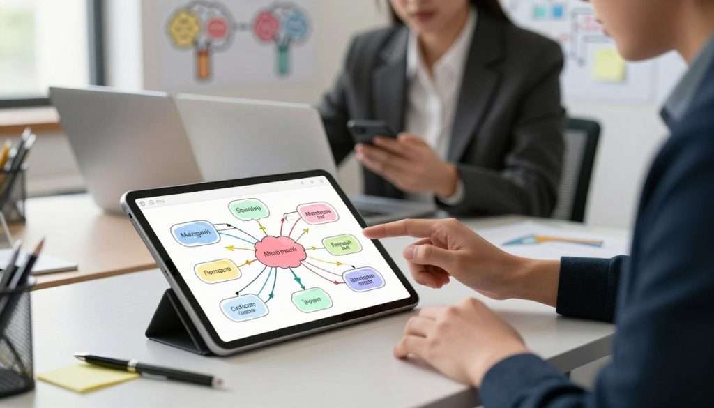 A dynamic scene depicting a digital and analog mind mapping comparison. In the foreground, a modern workspace featuring a high-tech tablet displaying colorful digital mind maps, surrounded by tools like pens and post-it notes representing analog methods. The middle layer shows a professional individual, dressed in business attire, actively engaging with both mind mapping tools, appearing focused and inspired. In the background, a wall with illustrated mind maps and brainstorming ideas, softly illuminated by natural light streaming through a window, creating a productive atmosphere. The image conveys an innovative and creative mood, highlighting the benefits of both digital and analog mind mapping skills. The overall composition is balanced and visually engaging, showcasing the contrast between technology and traditional methods.