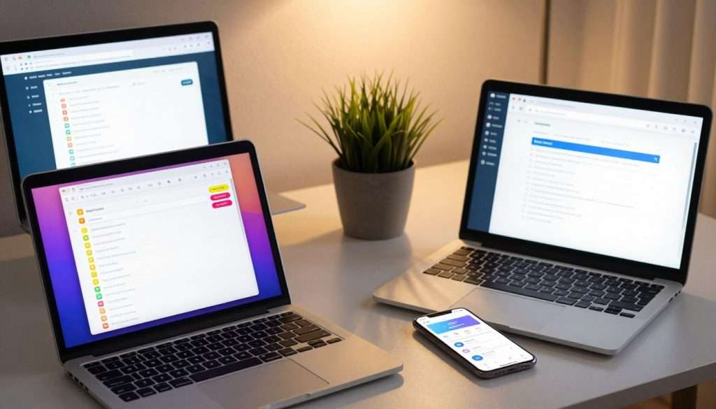 A dynamic workspace featuring a sleek desk with multiple digital devices, showcasing various ADHD task management apps on screen. In the foreground, a modern laptop displays vibrant app interfaces with colorful checklists and reminders. A smartphone on the side has an open productivity app with clear, engaging graphics. In the middle, a potted plant adds a touch of nature, symbolizing growth and focus. The background includes soft lighting, casting a warm glow over the scene, enhancing the feeling of concentration and motivation. The atmosphere is calm yet energized, reflecting an effective study environment for individuals with ADHD. Capture this setup with a slightly angled perspective, focusing on the technology while ensuring a clean, organized space suitable for studying. A dynamic workspace featuring a sleek desk with multiple digital devices, showcasing various ADHD task management apps on screen. In the foreground, a modern laptop displays vibrant app interfaces with colorful checklists and reminders. A smartphone on the side has an open productivity app with clear, engaging graphics. In the middle, a potted plant adds a touch of nature, symbolizing growth and focus. The background includes soft lighting, casting a warm glow over the scene, enhancing the feeling of concentration and motivation. The atmosphere is calm yet energized, reflecting an effective study environment for individuals with ADHD. Capture this setup with a slightly angled perspective, focusing on the technology while ensuring a clean, organized space suitable for studying.