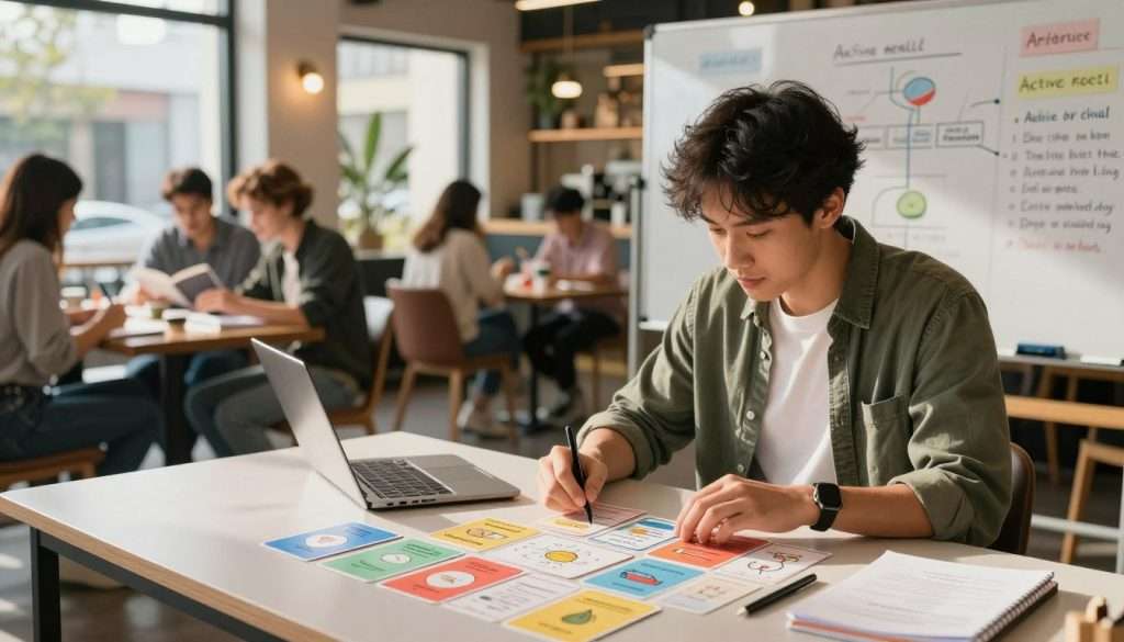 A dynamic workspace illustrating rapid learning techniques. In the foreground, a focused young professional in smart casual attire is engaged with colorful flashcards spread out on a modern desk, showcasing various concepts and ideas. The middle ground features a whiteboard filled with diagrams and key notes on active recall methods, illuminated by warm, natural light streaming through a large window. The background reveals a vibrant café atmosphere, with other people casually reading and discussing ideas, enhancing the sense of an active learning environment. The overall mood is energetic and inspiring, promoting the idea of quick recall exercises that can be done anywhere. The image should have a shallow depth of field, emphasizing the person and the flashcards, while the café ambiance remains slightly blurred to create a focused learning environment.