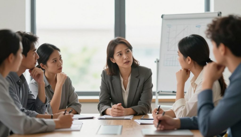 A focused business professional, a middle-aged woman in modest business attire, is sitting at a sleek conference table, leaning slightly forward to engage deeply with a diverse group of colleagues. Each person is listening intently, showcasing expressions of curiosity and thoughtfulness. The background features a bright, modern office with large windows allowing natural light to flood the space, creating an inviting atmosphere. Soft focused greenery is seen outside, enhancing the sense of openness. The lighting is warm and soft, casting gentle shadows that emphasize the engaged faces. The image captures the essence of active listening, portraying a respectful and inquisitive exchange of ideas in a professional environment, fostering collaboration and understanding.