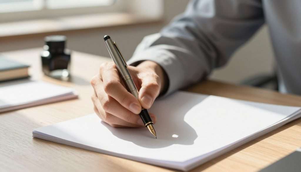 A focused close-up of a person's hand in a professional business shirt, elegantly holding a fountain pen poised above a blank page, capturing the essence of handwriting posture. The fingers are slightly bent, showcasing a relaxed grip, with a gentle upward angle of the wrist for optimal writing form. The background features a soft-focused wooden desk, adorned with a few scattered pages, an ink bottle, and a stylish notebook, adding to a serene and productive atmosphere. Warm, natural lighting streams in from a nearby window, casting soft shadows that create a tranquil mood. The overall tone should inspire focus and creativity, emphasizing the empowerment of effective handwriting techniques. A focused close-up of a person's hand in a professional business shirt, elegantly holding a fountain pen poised above a blank page, capturing the essence of handwriting posture. The fingers are slightly bent, showcasing a relaxed grip, with a gentle upward angle of the wrist for optimal writing form. The background features a soft-focused wooden desk, adorned with a few scattered pages, an ink bottle, and a stylish notebook, adding to a serene and productive atmosphere. Warm, natural lighting streams in from a nearby window, casting soft shadows that create a tranquil mood. The overall tone should inspire focus and creativity, emphasizing the empowerment of effective handwriting techniques.