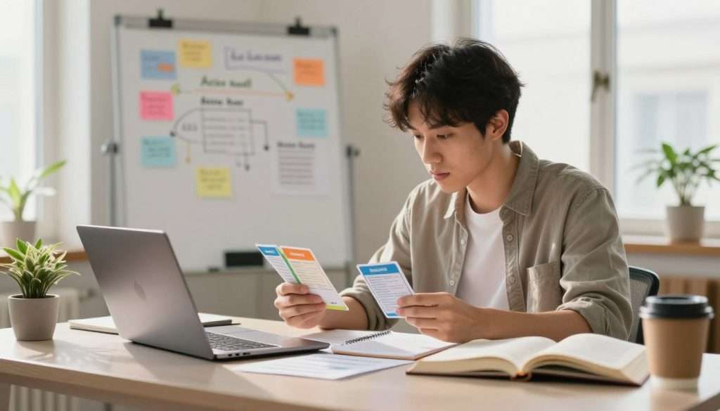 A focused, serene workspace depicting a busy professional engaging in active recall techniques. In the foreground, a person in modest casual clothing sits at a sleek desk, using colorful flashcards and a laptop, surrounded by open books and a coffee cup. Their face reflects concentration as they interact with the materials. The middle ground features a whiteboard filled with notes and visuals illustrating concepts tied to memory retention, while a gentle plant adds a touch of liveliness. In the background, soft natural light filters through a large window, casting a warm glow that enhances the productive atmosphere. The overall mood is dynamic yet calming, embodying the effectiveness of integrating active recall into daily life.
