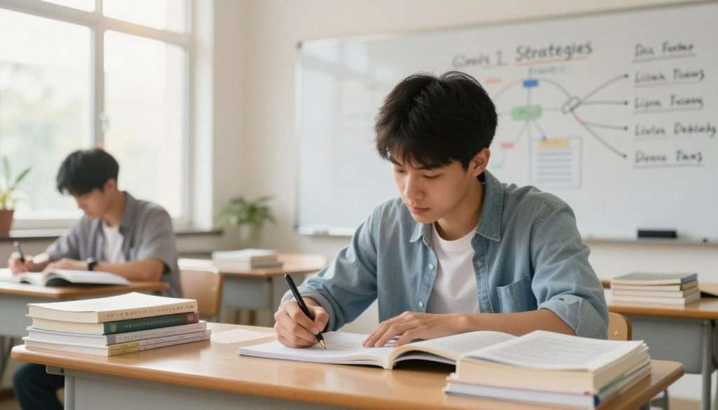 A focused student in a well-lit classroom, deeply engaged in deliberate practice at a desk cluttered with textbooks and notes. In the foreground, their hands are visible, actively writing on a notepad, demonstrating concentration and determination. The middle ground features a whiteboard filled with study strategies and mind maps, showcasing various components of effective learning techniques. In the background, soft sunlight filters through large windows, creating a warm and inspiring atmosphere. The scene is captured from a slightly elevated angle, emphasizing the student's commitment to mastering new skills. The mood is one of motivation and persistence, reflecting a transformative journey toward academic success.