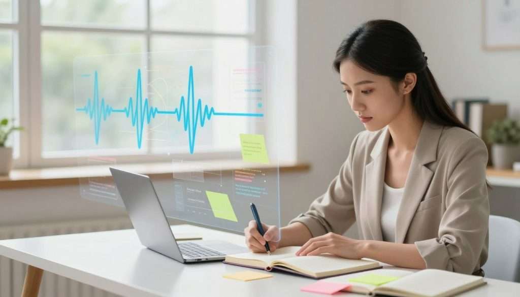 A focused study environment showcasing state-dependent learning optimization. In the foreground, a young professional woman in smart casual attire, deeply engaged in studying at a minimalist desk, surrounded by open notebooks and colorful sticky notes. The middle layer features a clear, transparent overlay of brainwave patterns and colorful diagrams illustrating different learning states, subtly blending into the scene. In the background, a sunlit window casts soft natural light across the room, creating a peaceful and motivating atmosphere. Use a shallow depth of field to emphasize the woman while keeping the learning elements slightly blurred, evoking a sense of clarity and concentration. The overall mood is inspiring and productive, perfect for a study environment.