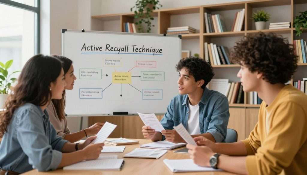 A focused study scene illustrating the "Active Recall Technique" in a well-lit, modern study room. In the foreground, a diverse group of three young adults—two women and one man—are engaged in a dynamic discussion, reviewing flashcards and notes. They should be dressed in smart casual attire, showcasing enthusiasm and concentration. In the middle ground, a large whiteboard filled with colorful diagrams and keywords captures key concepts related to active recall. The background features bookshelves filled with educational materials and plants, creating a vibrant and inviting atmosphere. Soft, natural light streams in through a window, casting gentle shadows and illuminating the room. Overall, the image conveys a sense of collaboration, energy, and effective learning.