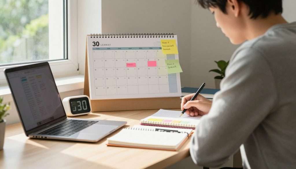 A focused study scene showing a professional individual in modest casual clothing, sitting at a desk with a laptop, notebooks, and colorful planner. The foreground features a well-organized workspace with a digital clock displaying time management elements. In the middle, a large calendar on the wall depicts a 30-day learning plan, adorned with sticky notes and motivational visuals. The background includes a sunny window with greenery outside, creating an inviting atmosphere. Soft lighting illuminates the desk, casting gentle shadows and adding warmth. The mood is one of productivity and calm, emphasizing the importance of time management in learning.