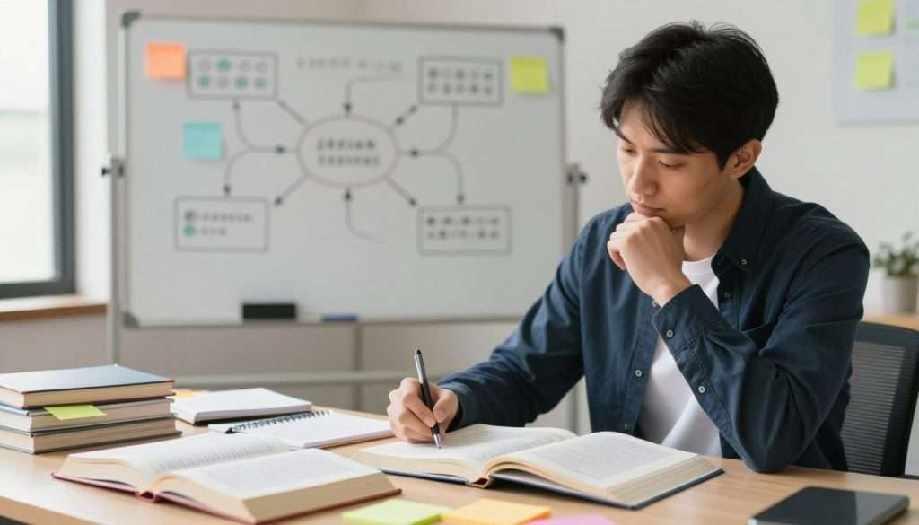 A focused study space, featuring a professional individual in their 30s wearing smart casual attire, sitting at a cluttered desk filled with open textbooks, notebooks, and colorful sticky notes. The foreground showcases the person deeply engaged in thought, with a thoughtful expression as they highlight text in one book while jotting down notes in another. In the middle, a whiteboard filled with diagrams and arrows representing complex concepts is visible, hinting at the process of identifying knowledge gaps. The background features a window with soft, natural light pouring in, creating a warm, inviting atmosphere that conveys a sense of determination and understanding. Use a shallow depth of field to draw attention to the focused subject while softly blurring the background for a professional feel.