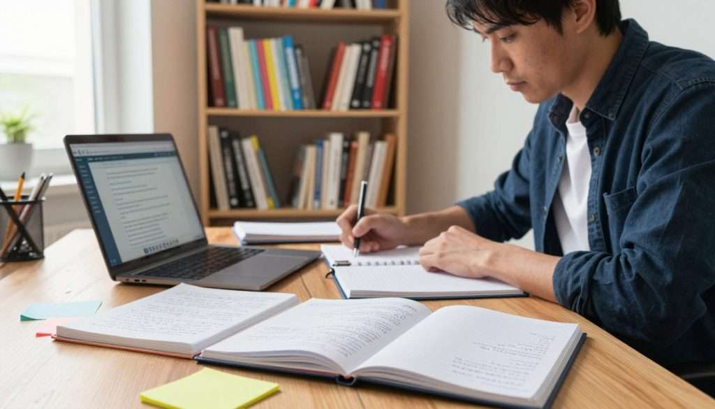 A focused workspace depicting the preparation for an ultralearning journey. In the foreground, a wooden desk is cluttered with open notebooks filled with handwritten notes, a laptop displaying a learning management system, and colorful sticky notes, hinting at innovative ideas. The middle ground features a well-organized bookshelf filled with books on various subjects, reflecting a thirst for knowledge. In the background, a window with natural light pours in, illuminating the scene and creating a sense of clarity and focus. The atmosphere feels energetic yet calm, inspiring the viewer to embark on their educational adventure. A person in smart casual clothing sits at the desk, deeply engaged in their study, with a determined expression, symbolizing concentration and commitment to mastering skills quickly.