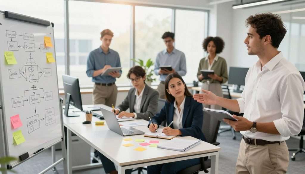 A focused workspace showcasing a diverse group of professionals collaborating on goal achievement strategies. In the foreground, a charismatic leader gestures toward a digital whiteboard filled with diagrams depicting systems and strategies, while engaged team members in professional attire take notes and discuss ideas. The middle ground features modern office elements like a sleek desk, laptops, and colorful sticky notes scattered about, symbolizing active planning and implementation. The background shows large windows letting in warm, natural light, enhancing the atmosphere of productivity and optimism. The overall mood is dynamic and inspiring, emphasizing teamwork and strategic thinking in a clear, organized setting. A focused workspace showcasing a diverse group of professionals collaborating on goal achievement strategies. In the foreground, a charismatic leader gestures toward a digital whiteboard filled with diagrams depicting systems and strategies, while engaged team members in professional attire take notes and discuss ideas. The middle ground features modern office elements like a sleek desk, laptops, and colorful sticky notes scattered about, symbolizing active planning and implementation. The background shows large windows letting in warm, natural light, enhancing the atmosphere of productivity and optimism. The overall mood is dynamic and inspiring, emphasizing teamwork and strategic thinking in a clear, organized setting.