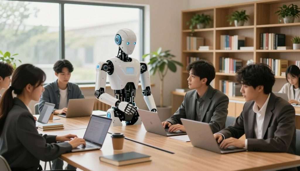 A futuristic AI study partner, depicted as a sleek humanoid robot, stands at a modern study desk in a warmly lit, spacious room. The robot interacts with a diverse group of students, who are focused on their devices, showing collaboration and engagement. Each student is dressed in professional business attire, conveying a serious yet optimistic atmosphere. In the background, shelves filled with books and plants create a serene study environment. Soft daylight filters through large windows, illuminating the scene with a gentle glow, enhancing the feeling of innovation and support. Use a wide-angle lens to capture the dynamic interaction between the students and the AI, emphasizing the collaborative study experience. A futuristic AI study partner, depicted as a sleek humanoid robot, stands at a modern study desk in a warmly lit, spacious room. The robot interacts with a diverse group of students, who are focused on their devices, showing collaboration and engagement. Each student is dressed in professional business attire, conveying a serious yet optimistic atmosphere. In the background, shelves filled with books and plants create a serene study environment. Soft daylight filters through large windows, illuminating the scene with a gentle glow, enhancing the feeling of innovation and support. Use a wide-angle lens to capture the dynamic interaction between the students and the AI, emphasizing the collaborative study experience.