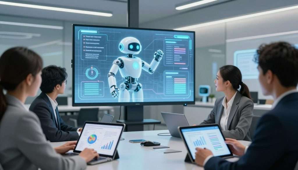 A modern classroom scene showcasing an interactive AI learning environment. In the foreground, a diverse group of three adult learners in professional attire are engaged with digital tablets, displaying graphs and charts of skill progressions. The middle layer features a large holographic display of an AI tutor, visually represented as a friendly robot guiding the students, highlighting personalized learning paths. The background is filled with a sleek, contemporary classroom setup, including smartboards and futuristic tech. Soft, ambient lighting illuminates the scene, creating a focused and inspiring atmosphere, while a blurred effect on the background adds depth. The camera angle is slightly low, emphasizing the engaged learners and the impressive technology, suggesting a sense of empowerment and innovation in mastering new skills.