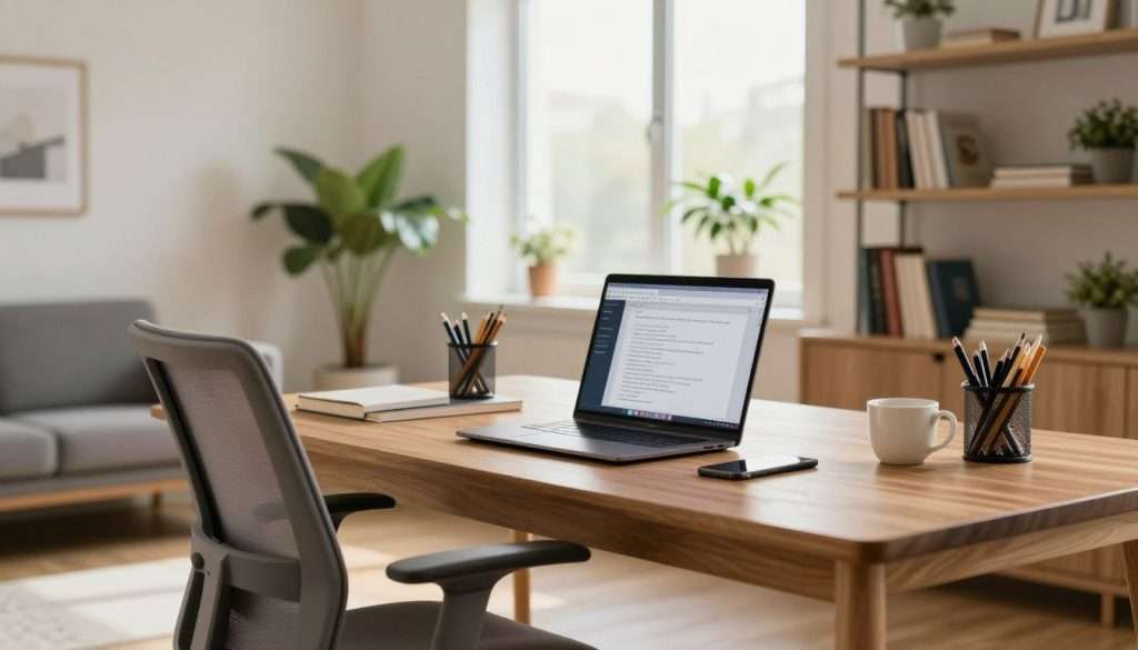 A modern, ideal learning space designed for productivity and focus. In the foreground, a sleek wooden desk with a comfortable ergonomic chair, an open laptop displaying study materials, and neatly arranged stationery. The middle ground features a large window letting in abundant natural light, illuminating indoor plants that create a calming environment. Soft, minimalistic decor lines the walls, promoting tranquility and inspiration. In the background, shelves filled with books and educational resources add a touch of sophistication. The image captures a serene yet motivating atmosphere, with warm lighting creating a cozy, inviting feel. The angle should showcase the desk invitingly, emphasizing the harmonious blend of comfort and functionality in this perfect learning haven. A modern, ideal learning space designed for productivity and focus. In the foreground, a sleek wooden desk with a comfortable ergonomic chair, an open laptop displaying study materials, and neatly arranged stationery. The middle ground features a large window letting in abundant natural light, illuminating indoor plants that create a calming environment. Soft, minimalistic decor lines the walls, promoting tranquility and inspiration. In the background, shelves filled with books and educational resources add a touch of sophistication. The image captures a serene yet motivating atmosphere, with warm lighting creating a cozy, inviting feel. The angle should showcase the desk invitingly, emphasizing the harmonious blend of comfort and functionality in this perfect learning haven.