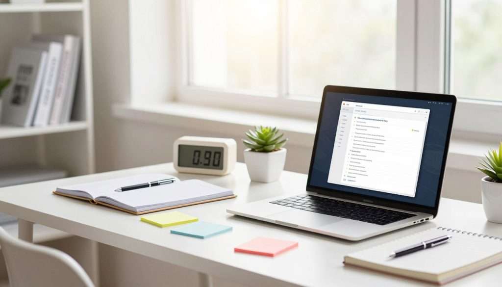 A modern study desk is set against a bright, sunlit room adorned with minimalistic decor. In the foreground, a neatly arranged workspace displays a sleek laptop open to a note-taking app, alongside vibrant sticky notes in various colors, a high-quality pen, and a stylish planner. In the middle, a digital clock and a small succulent plant add a fresh touch. The background features a bookshelf filled with study guides and resources, while a large window allows natural light to flood in, casting a warm glow over the scene. The overall mood exudes focus and productivity, highlighting an organized and motivating study environment. The image should have a soft depth of field, creating a calm and inspiring atmosphere ideal for effective studying. A modern study desk is set against a bright, sunlit room adorned with minimalistic decor. In the foreground, a neatly arranged workspace displays a sleek laptop open to a note-taking app, alongside vibrant sticky notes in various colors, a high-quality pen, and a stylish planner. In the middle, a digital clock and a small succulent plant add a fresh touch. The background features a bookshelf filled with study guides and resources, while a large window allows natural light to flood in, casting a warm glow over the scene. The overall mood exudes focus and productivity, highlighting an organized and motivating study environment. The image should have a soft depth of field, creating a calm and inspiring atmosphere ideal for effective studying.