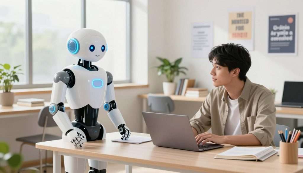A modern study environment featuring an AI study partner. In the foreground, a friendly humanoid robot with a sleek design and glowing blue accents stands next to a focused student, a young adult of Asian descent in smart casual attire, engaging in a discussion over an open laptop. The middle layer shows a well-organized study space with books, stationery, and a potted plant, suggesting an efficient and inviting atmosphere. The background features a bright, airy room with large windows allowing natural light to flood in, complemented by a few motivational posters on the walls. The mood is inspiring and productive, capturing the essence of collaborative learning with technology. The image is brightly lit, using soft shadows to enhance depth, shot from a slightly elevated angle for a comprehensive view. A modern study environment featuring an AI study partner. In the foreground, a friendly humanoid robot with a sleek design and glowing blue accents stands next to a focused student, a young adult of Asian descent in smart casual attire, engaging in a discussion over an open laptop. The middle layer shows a well-organized study space with books, stationery, and a potted plant, suggesting an efficient and inviting atmosphere. The background features a bright, airy room with large windows allowing natural light to flood in, complemented by a few motivational posters on the walls. The mood is inspiring and productive, capturing the essence of collaborative learning with technology. The image is brightly lit, using soft shadows to enhance depth, shot from a slightly elevated angle for a comprehensive view.