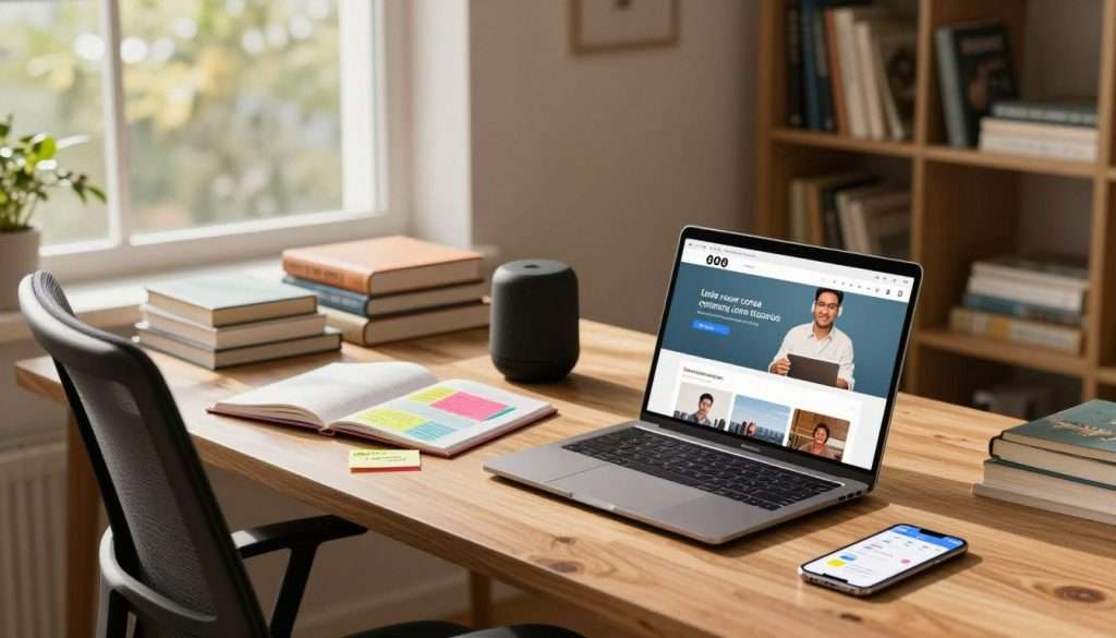 A modern study space filled with various online learning resources. In the foreground, a sleek wooden desk with a laptop open to an online course platform, colorful digital notes scattered around, and a smartphone displaying a learning app. In the middle, a comfortable ergonomic chair, a smart speaker, and an assortment of textbooks and notebooks. The background features a large window letting in warm, soft natural light, casting gentle shadows, and a bookshelf filled with educational materials. The atmosphere is focused and inspiring, conveying the essence of self-directed learning with a harmonious blend of technology and traditional resources. The scene should evoke motivation and productivity, ideal for someone engaged in self-education. No people are present in the image.