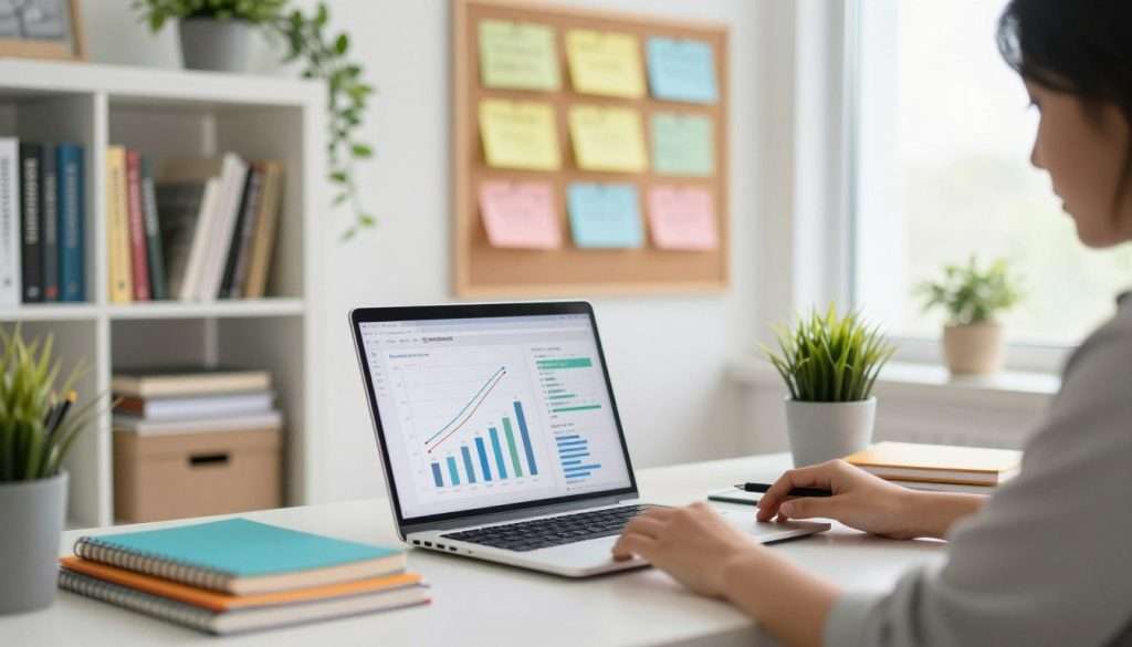 A modern study workspace showcasing a student tracking academic progress. In the foreground, a neatly organized desk holds an open laptop displaying charts and graphs representing grades and study milestones. Beside the laptop, a colorful array of notebooks and pens create a creative atmosphere. In the middle ground, a wall-mounted bulletin board features pinned reminders and motivational quotes, reflecting a proactive learning environment. The background shows a well-lit bookshelf filled with educational resources, plants for a touch of greenery, and soft, natural light coming from a nearby window, giving a bright and inspiring ambiance. The overall mood is one of focus, motivation, and empowerment, inviting the viewer to engage in their own academic journey.