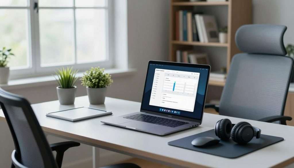 A modern workspace designed for productivity and focus. In the foreground, a sleek desk with a high-tech laptop displaying focus-enhancing applications like task managers and study timers. Nearby, a minimalist digital planner and a pair of noise-canceling headphones rest on a stylish mouse pad. In the middle ground, a comfortable ergonomic chair and a small potted plant add a touch of nature. The background features a large window with soft, natural light streaming in, illuminating the workspace. A cozy, well-organized bookshelf filled with motivational books can be seen, giving a sense of inspiration. The atmosphere is calm and focused, with a subtle color palette of soft blues and greens to evoke a sense of tranquility and concentration.