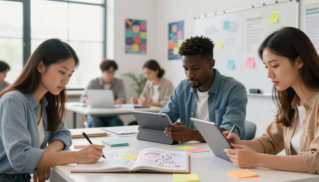 A modern workspace filled with innovative learning tools and effective note-taking strategies. In the foreground, a diverse group of three students—one Asian woman, one Black man, and one Caucasian woman—are engaged in writing notes on colorful sticky notes and using a digital tablet, all wearing smart casual attire. In the middle ground, an open notebook displays an organized blend of handwritten notes, diagrams, and doodles showcasing various note-taking methods like the Cornell method and mind mapping. The background features a bright, airy classroom with large windows letting in natural light, inspiring educational posters on the walls, and a whiteboard filled with brainstorming ideas. The atmosphere is energetic and collaborative, evoking a sense of motivation and focus, with soft, diffused lighting enhancing the inviting environment.