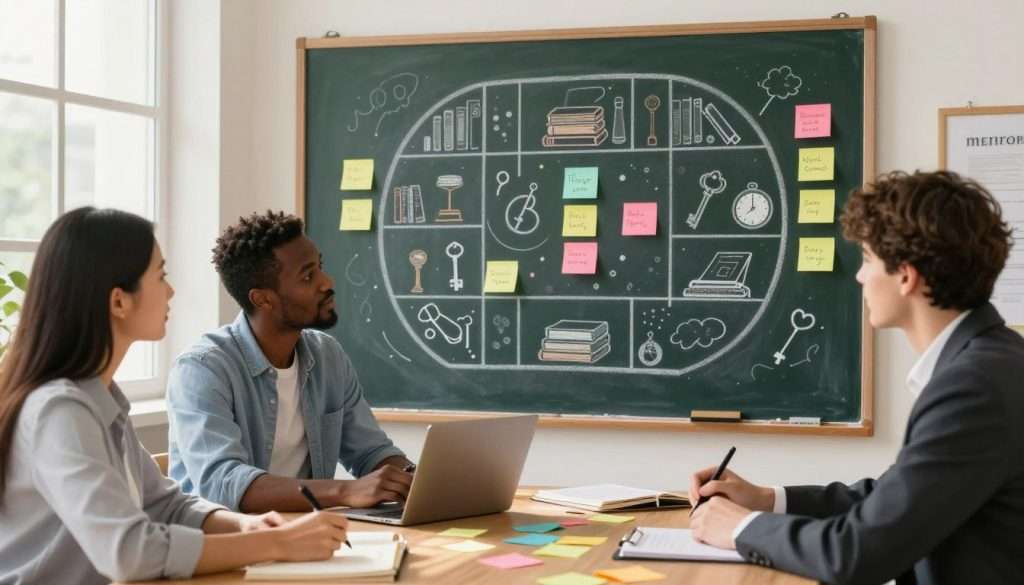 A serene and beautifully arranged study room serves as the backdrop for a memory technique tutorial. In the foreground, a diverse group of three individuals—one woman of Asian descent, one man of African descent, and one woman of Caucasian descent—are engaged in lively discussion, each jotting down vivid mental images on colorful sticky notes. They are dressed in professional business attire, exuding focus and creativity. The middle ground features a large, chalkboard-style illustration of a Memory Palace concept, vivid and intricate, showing various rooms filled with symbolic objects like books, keys, and clocks. The background is softly lit by warm, natural light streaming in through a window, creating an inviting atmosphere that encourages learning and imagination. The overall mood is inspiring and motivational, highlighting the process of creating memorable mental images. A serene and beautifully arranged study room serves as the backdrop for a memory technique tutorial. In the foreground, a diverse group of three individuals—one woman of Asian descent, one man of African descent, and one woman of Caucasian descent—are engaged in lively discussion, each jotting down vivid mental images on colorful sticky notes. They are dressed in professional business attire, exuding focus and creativity. The middle ground features a large, chalkboard-style illustration of a Memory Palace concept, vivid and intricate, showing various rooms filled with symbolic objects like books, keys, and clocks. The background is softly lit by warm, natural light streaming in through a window, creating an inviting atmosphere that encourages learning and imagination. The overall mood is inspiring and motivational, highlighting the process of creating memorable mental images.