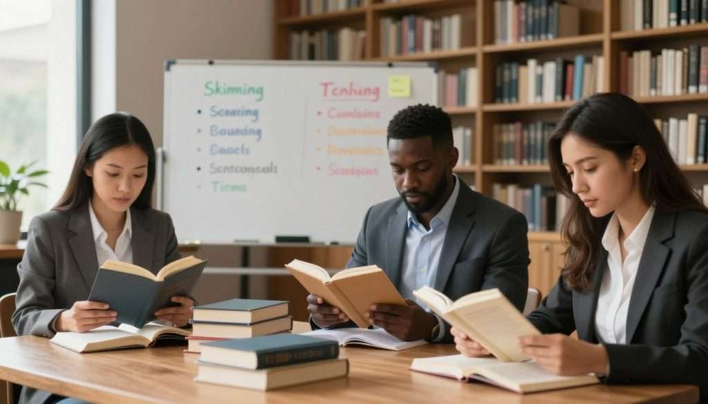 A serene and focused reading environment showcasing various reading speed techniques. In the foreground, a diverse group of three individuals (a woman Asian, a man Black, and a woman Hispanic) dressed in professional business attire, each engaged in different reading strategies. The middle ground features a whiteboard filled with colorful bullet points illustrating methods like skimming, scanning, and note-taking. A stack of books lies nearby, some open and others closed. The background reveals a cozy library setting with tall bookshelves, soft ambient lighting, and sunlight filtering through large windows, creating an inviting atmosphere. Capture this scene with a balanced composition, natural lighting, and a warm color palette to emphasize focus and learning. A serene and focused reading environment showcasing various reading speed techniques. In the foreground, a diverse group of three individuals (a woman Asian, a man Black, and a woman Hispanic) dressed in professional business attire, each engaged in different reading strategies. The middle ground features a whiteboard filled with colorful bullet points illustrating methods like skimming, scanning, and note-taking. A stack of books lies nearby, some open and others closed. The background reveals a cozy library setting with tall bookshelves, soft ambient lighting, and sunlight filtering through large windows, creating an inviting atmosphere. Capture this scene with a balanced composition, natural lighting, and a warm color palette to emphasize focus and learning.