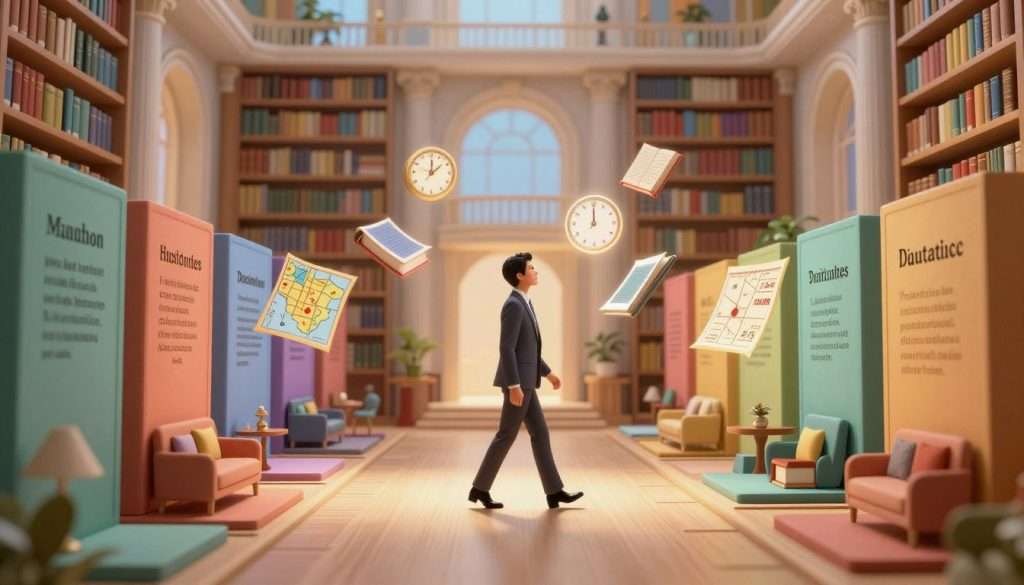A serene and imaginative representation of the Memory Palace technique, illustrated in a three-dimensional space. In the foreground, show a person dressed in professional business attire, with a look of concentration, walking through a stunningly detailed virtual palace filled with colorful rooms. Each room represents different categories of information to memorize, such as historical events, languages, and numbers. The middle ground features floating, ethereal visual symbols like clocks, books, and maps hovering around the person, symbolizing the act of memorization. The background presents an expansive, dream-like library bathed in soft, warm lighting, with tall shelves lined with books. Use a slight depth of field to focus on the individual while the palace's intricate architecture subtly blurs in the background, conveying a sense of wonder and intellectual pursuit. A serene and imaginative representation of the Memory Palace technique, illustrated in a three-dimensional space. In the foreground, show a person dressed in professional business attire, with a look of concentration, walking through a stunningly detailed virtual palace filled with colorful rooms. Each room represents different categories of information to memorize, such as historical events, languages, and numbers. The middle ground features floating, ethereal visual symbols like clocks, books, and maps hovering around the person, symbolizing the act of memorization. The background presents an expansive, dream-like library bathed in soft, warm lighting, with tall shelves lined with books. Use a slight depth of field to focus on the individual while the palace's intricate architecture subtly blurs in the background, conveying a sense of wonder and intellectual pursuit.