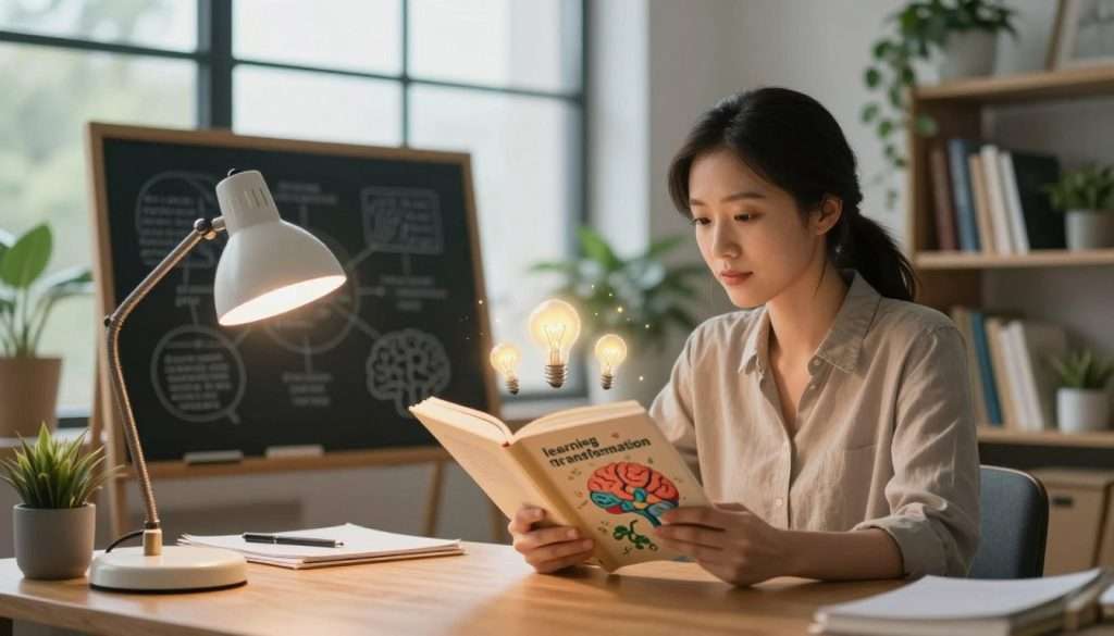 A serene and inspiring study space symbolizes "learning transformation" with a professional woman in modest casual clothing seated at a wooden desk, immersed in reading a book filled with vibrant illustrations of brain synapses and lightbulbs floating above her. In the foreground, a glowing desk lamp casts warm light, enhancing a cozy atmosphere. The middle layer features a chalkboard with intricate diagrams related to cognitive psychology and learning theories. In the background, large windows let in soft daylight, illuminating green plants and shelves filled with books, creating a sense of growth and knowledge. The overall mood is one of focus and inspiration, emphasizing a transformative learning experience, captured with a shallow depth of field to draw attention to the woman and her enlightening surroundings.
