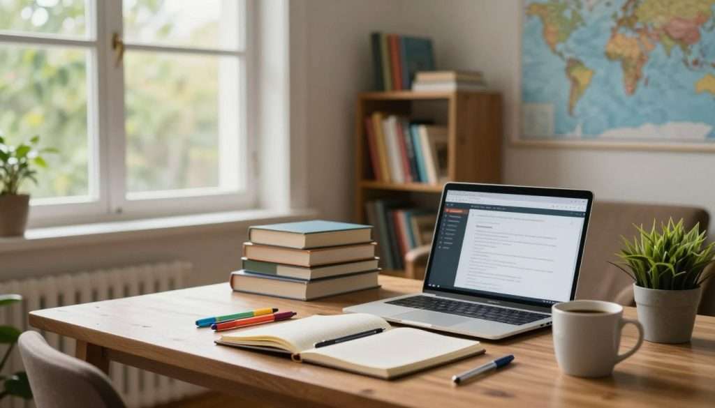 A serene and organized study space bathed in soft, warm light from a large window, with a view of green trees outside. In the foreground, a wooden desk holds an open notebook, colorful pens, and a laptop displaying educational materials. A coffee mug and a small potted plant add a personal touch. In the middle ground, a cozy armchair invites relaxation, with a stack of inspiring books beside it. The background features a shelf filled with more books and a world map on the wall, symbolizing exploration and knowledge. The atmosphere is calm and motivating, ideal for a daily learning routine, captured at eye-level with a slight focus on the desk to emphasize productivity. Overall, the image conveys inspiration, focus, and the joy of learning.