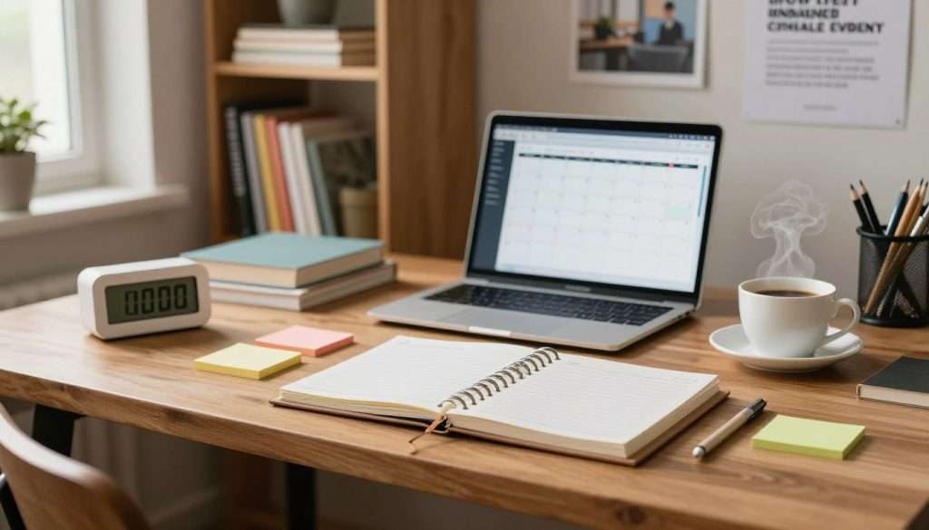A serene and organized study space illustrating effective time management techniques. In the foreground, a stylish wooden desk is adorned with a planner, colorful sticky notes, and a digital timer, all arranged neatly. In the middle ground, an open laptop displays a calendar application, while a cup of coffee emits a warm steam. The background features a bookshelf with neatly arranged study materials and motivational posters about productivity. Soft, natural light filters in through a nearby window, creating a calm atmosphere. The overall mood is focused and peaceful, inviting viewers to embrace efficient study habits. Use a shallow depth of field to draw attention to the desk's details, enhancing the warmth of the scene.