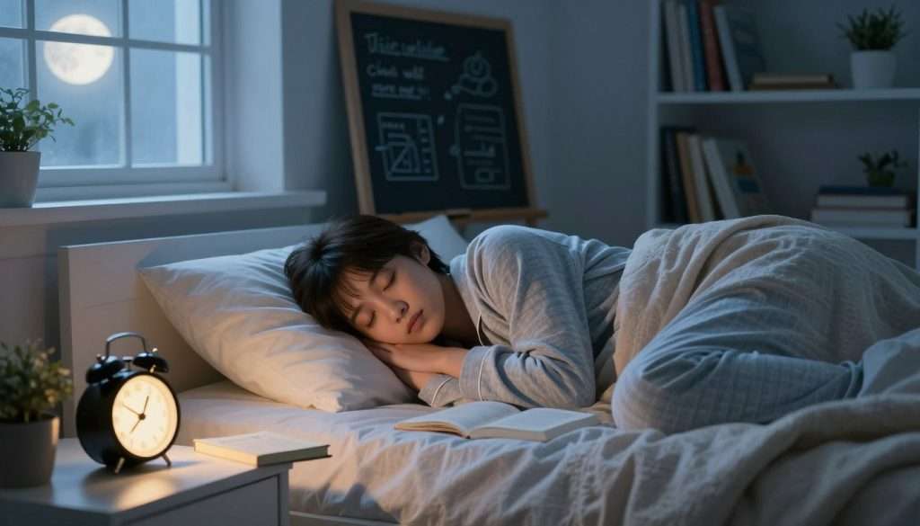 A serene bedroom scene at night, featuring a cozy bed adorned with soft pillows and a warm blanket, where a young person, dressed in comfortable, modest pajama attire, is peacefully sleeping. In the foreground, a bedside table holds a glowing alarm clock and an open book, symbolizing learning. Soft, diffused moonlight streams in through a window, illuminating the room and casting gentle shadows, creating a tranquil atmosphere. In the middle ground, a chalkboard with neatly written notes and diagrams, reflecting the essence of learning, is softly illuminated. The background includes a bookshelf filled with educational materials, adding depth to the scene, while a calming color palette of blues and soft whites evokes a sense of focus and tranquility, emphasizing the vital connection between sleep and effective learning.