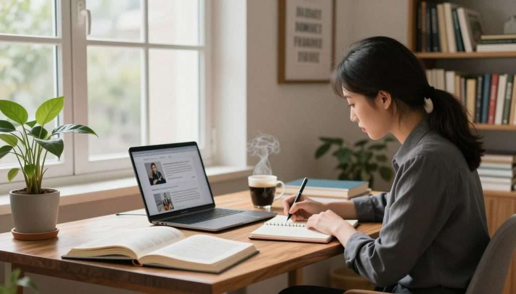 A serene home office environment showcasing a daily self-development routine. In the foreground, a focused individual in professional business attire is seated at a sleek wooden desk, diligently writing in a planner and surrounded by open books on various subjects. In the middle, a large window lets in soft, natural light, illuminating a green indoor plant and a steaming mug of coffee beside a laptop displaying educational materials. In the background, a motivational quote framed on the wall adds inspiration, alongside a bookshelf filled with diverse learning resources. The atmosphere is calm and productive, suggesting a commitment to personal growth and learning. The composition is shot with a warm color palette, using a shallow depth of field to emphasize the writer at work.