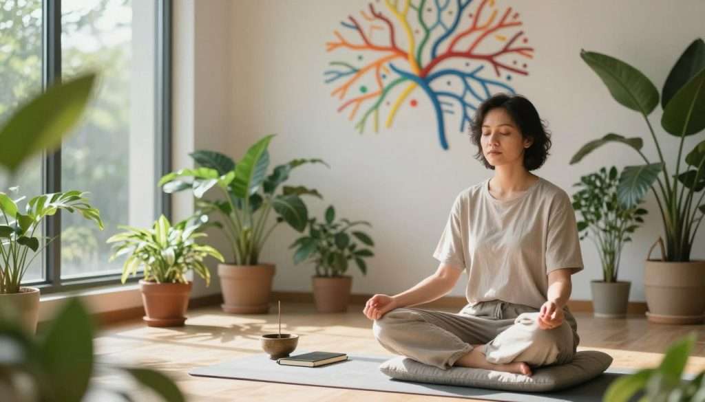 A serene indoor space bathed in soft, natural light filtering through large windows, creating an atmosphere of tranquility. In the foreground, a person sitting cross-legged on a cushioned mat, wearing modest casual attire, with a peaceful expression, eyes gently closed, embodying mindfulness and focus. Surrounding them, lush greenery in potted plants adds life and a connection to nature. The middle ground features a subtle arrangement of meditation tools like a small incense holder and a journal, emphasizing a practice of reflection and growth. In the background, a calm, abstract depiction of neural pathways in vibrant colors, symbolizing neuroplasticity and cognitive flexibility. The image captures a mood of contemplation, balance, and personal development, inviting viewers into the transformative power of meditation. A serene indoor space bathed in soft, natural light filtering through large windows, creating an atmosphere of tranquility. In the foreground, a person sitting cross-legged on a cushioned mat, wearing modest casual attire, with a peaceful expression, eyes gently closed, embodying mindfulness and focus. Surrounding them, lush greenery in potted plants adds life and a connection to nature. The middle ground features a subtle arrangement of meditation tools like a small incense holder and a journal, emphasizing a practice of reflection and growth. In the background, a calm, abstract depiction of neural pathways in vibrant colors, symbolizing neuroplasticity and cognitive flexibility. The image captures a mood of contemplation, balance, and personal development, inviting viewers into the transformative power of meditation.