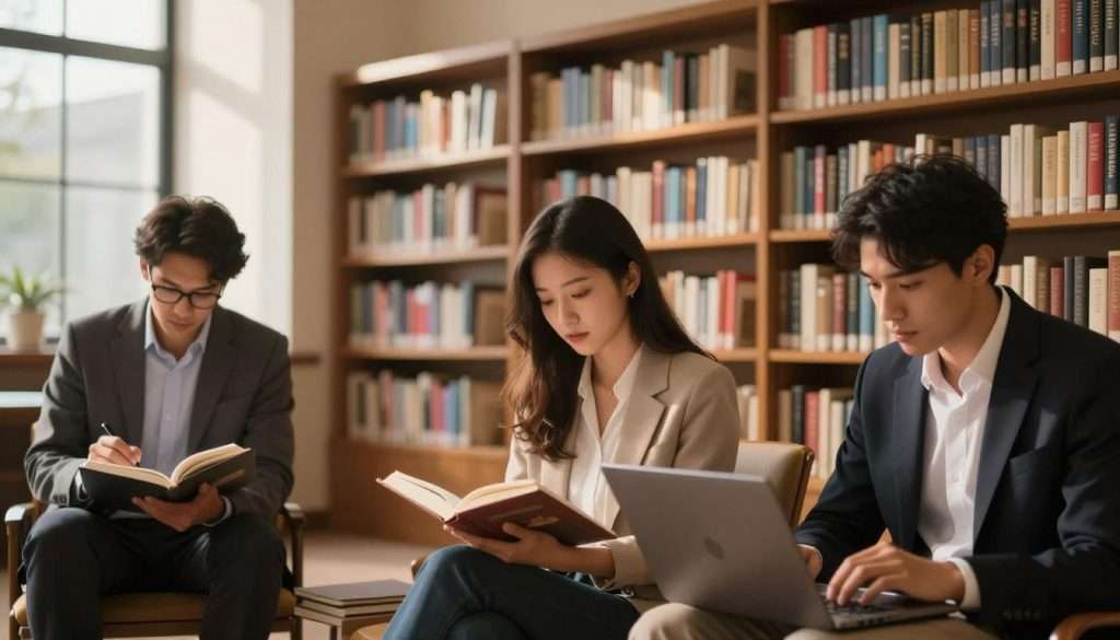 A serene library setting with warm, ambient lighting that creates an inviting atmosphere. In the foreground, a diverse group of three individuals engaged in active learning, one reviewing notes, another reading an open book, and the third taking notes on a laptop. They are dressed in professional business attire, reflecting focus and determination. In the middle, towering shelves filled with colorful books represent an abundance of knowledge. The background features large windows allowing soft natural light to filter through, casting gentle shadows. The overall mood conveys inspiration and a passion for continuous learning, emphasizing the importance of knowledge acquisition and long-term retention strategies.