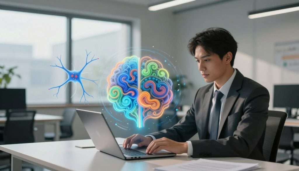 A serene, modern workspace depicting the concept of "thought patterns analysis." In the foreground, a confident individual, dressed in smart business attire, sits at a sleek desk with a laptop open, analyzing colorful, swirling thought patterns represented in vibrant hues of blue, green, and orange. The middle ground features abstract visualizations of neurons and synaptic connections, symbolizing mental updates and cognitive processes. In the background, large windows allow natural light to pour in, illuminating the space and enhancing a calm yet focused atmosphere. The lighting is soft and inviting, creating shadows that add depth. The overall mood conveys clarity, innovation, and the journey toward mental optimization and success. A serene, modern workspace depicting the concept of "thought patterns analysis." In the foreground, a confident individual, dressed in smart business attire, sits at a sleek desk with a laptop open, analyzing colorful, swirling thought patterns represented in vibrant hues of blue, green, and orange. The middle ground features abstract visualizations of neurons and synaptic connections, symbolizing mental updates and cognitive processes. In the background, large windows allow natural light to pour in, illuminating the space and enhancing a calm yet focused atmosphere. The lighting is soft and inviting, creating shadows that add depth. The overall mood conveys clarity, innovation, and the journey toward mental optimization and success.