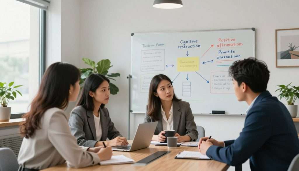 A serene office environment, emphasizing cognitive restructuring techniques. In the foreground, a diverse group of three professionals—two women and one man—are engaged in a brainstorming session at a modern conference table, their expressions focused and collaborative, dressed in smart casual attire. The middle layer showcases a whiteboard filled with colorful diagrams and bullet points illustrating cognitive restructuring concepts, such as thought re-framing and positive affirmations. In the background, large windows let in soft, natural light, illuminating the space and creating a calm atmosphere. The room is decorated with potted plants and motivational artwork, enhancing a sense of inspiration and clarity. The overall mood is one of constructive problem-solving and mental empowerment, inviting viewers to explore new perspectives on mindset optimization. A serene office environment, emphasizing cognitive restructuring techniques. In the foreground, a diverse group of three professionals—two women and one man—are engaged in a brainstorming session at a modern conference table, their expressions focused and collaborative, dressed in smart casual attire. The middle layer showcases a whiteboard filled with colorful diagrams and bullet points illustrating cognitive restructuring concepts, such as thought re-framing and positive affirmations. In the background, large windows let in soft, natural light, illuminating the space and creating a calm atmosphere. The room is decorated with potted plants and motivational artwork, enhancing a sense of inspiration and clarity. The overall mood is one of constructive problem-solving and mental empowerment, inviting viewers to explore new perspectives on mindset optimization.