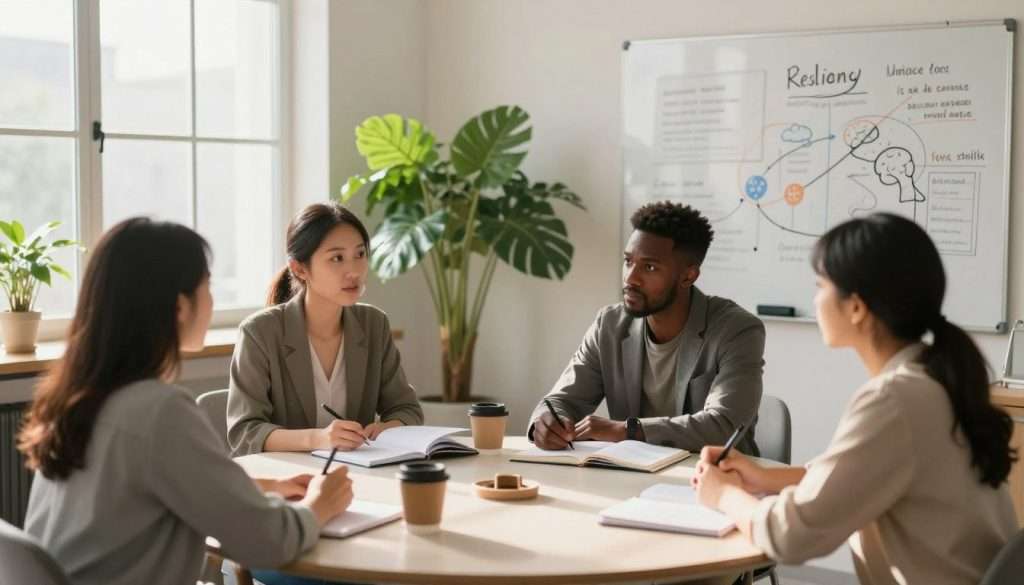 A serene office environment focused on developing mental resilience. In the foreground, a diverse group of three professionals, a woman of Asian descent, a man of Black descent, and a woman of Hispanic descent, are engaged in a thoughtful discussion around a round table cluttered with notebooks and coffee cups. In the middle, large plants bring life to the space, while a whiteboard features mind maps and motivational quotes. The background features a bright window allowing warm natural light to flood the room, casting soft shadows. The atmosphere is calm yet inspiring, embodying focus and determination. Use a slightly elevated angle to capture the dynamic between the individuals, with a soft focus on the whiteboard enhancing the mood of mental growth and collaboration.