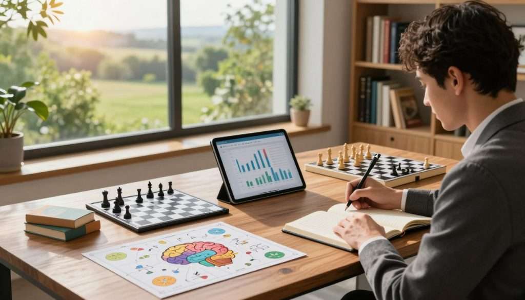 A serene office environment showcasing an elegant wooden desk cluttered with brain-training tools, such as puzzles, a chessboard, and colorful mind maps. In the foreground, an individual in professional attire, deeply focused, is writing notes in a journal while observing a digital tablet displaying cognitive progress graphs. In the middle ground, a large window reveals a sunlit landscape with lush greenery, promoting a feeling of calm and inspiration. The background features bookshelves lined with psychology and self-help books, casting soft shadows to create depth. The lighting is warm and inviting, with sunlight streaming through the window, giving the scene an uplifting and motivational atmosphere. The overall mood conveys dedication to personal growth and the importance of measuring progress in brain training.