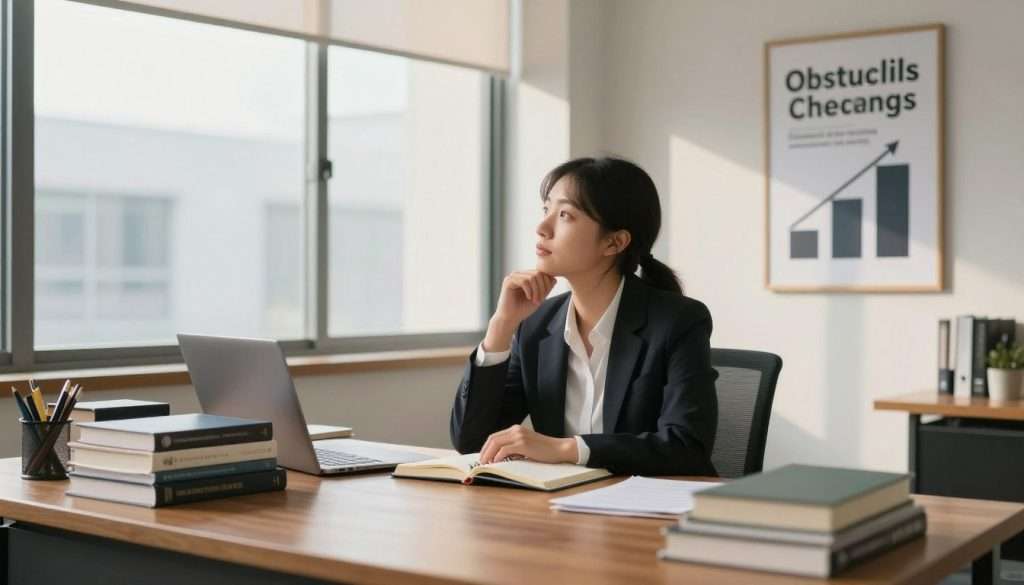 A serene office environment with a professional individual dressed in business attire, sitting at a wooden desk cluttered with books on personal development and growth mindset. In the foreground, a close-up of a motivational poster on the wall showcasing obstacles being transformed into stepping stones. The middle features the person reflecting with a thoughtful expression as they work on a journal, symbolizing introspection and growth. A large window in the background allows soft, natural light to flood the room, casting gentle shadows, creating an uplifting and inspiring atmosphere. The composition is shot from a slightly elevated angle, emphasizing the journey from challenges to success, evoking a sense of determination and positivity.