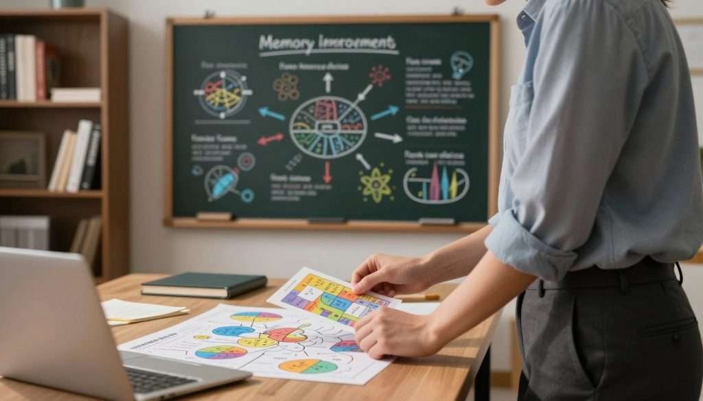 A serene office setting, with a desk in the foreground where a person in smart casual attire (e.g., a fitted shirt and slacks) is intently reviewing colorful mind maps and memory flashcards. In the middle ground, a large chalkboard displays various memory improvement techniques, such as mnemonic devices and visualization methods, illustrated clearly with diagrams and colorful illustrations. The background features a cozy bookshelf filled with self-help books on memory and cognitive enhancement. Soft, warm lighting creates an inviting atmosphere, highlighting the focus of the person and casting gentle shadows. The camera angle is slightly elevated, capturing a clear view of the desk and chalkboard, evoking a sense of creativity and productivity in the context of learning and memory enhancement.