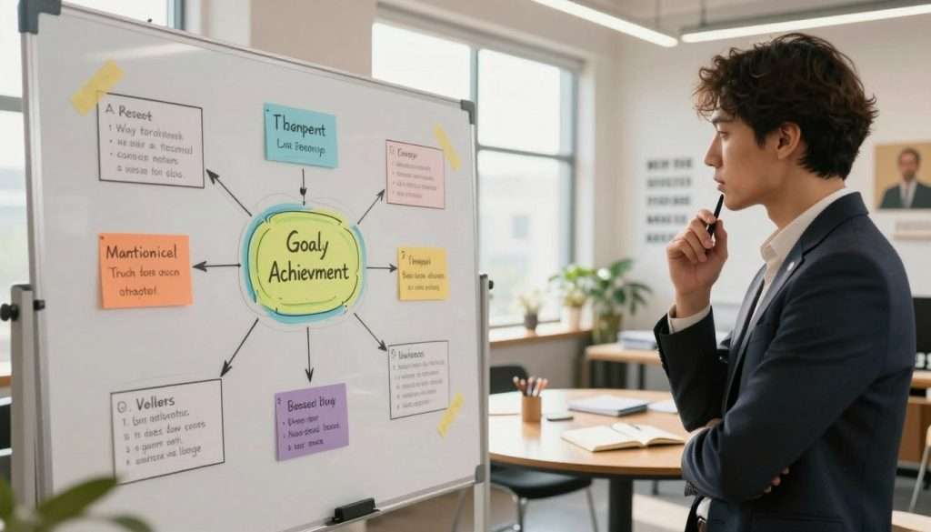 A serene office space featuring a large whiteboard filled with colorful mind maps and flowcharts, illustrating goal achievement strategies. In the foreground, a professional individual in smart business attire is thoughtfully analyzing the visuals, holding a pen. The middle ground includes a round table with notebooks and brainstorming materials, symbolizing collaboration and reflection. The background showcases a large window with soft, natural light streaming in, creating a warm and inviting atmosphere. The walls are adorned with inspirational quotes and success imagery, enhancing motivation. The overall mood is focused and energetic, ideal for fostering creativity and strategic planning in personal development. The lens captures this scene at a slight angle to emphasize depth and engagement with the concepts. A serene office space featuring a large whiteboard filled with colorful mind maps and flowcharts, illustrating goal achievement strategies. In the foreground, a professional individual in smart business attire is thoughtfully analyzing the visuals, holding a pen. The middle ground includes a round table with notebooks and brainstorming materials, symbolizing collaboration and reflection. The background showcases a large window with soft, natural light streaming in, creating a warm and inviting atmosphere. The walls are adorned with inspirational quotes and success imagery, enhancing motivation. The overall mood is focused and energetic, ideal for fostering creativity and strategic planning in personal development. The lens captures this scene at a slight angle to emphasize depth and engagement with the concepts.