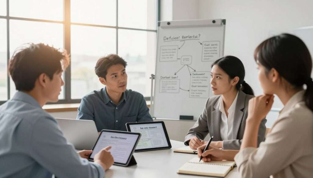 A serene office space serves as the backdrop, featuring a large, well-lit window that lets in soft, warm sunlight, casting gentle shadows. In the foreground, a diverse group of three professionals, dressed in smart casual attire, engage in deep conversation, surrounded by notebooks and digital tablets. One person holds a tablet, displaying a self-questioning framework, while another is writing notes thoughtfully in a notebook. In the middle ground, a whiteboard displays mind maps and key self-reflective questions. The atmosphere is calm yet intellectually stimulating, conveying a sense of purpose and engagement in learning. The camera angle is slightly above eye level, capturing both the individuals' expressions and the collaborative environment. The lighting emphasizes warmth and clarity, promoting an inviting and encouraging mood.
