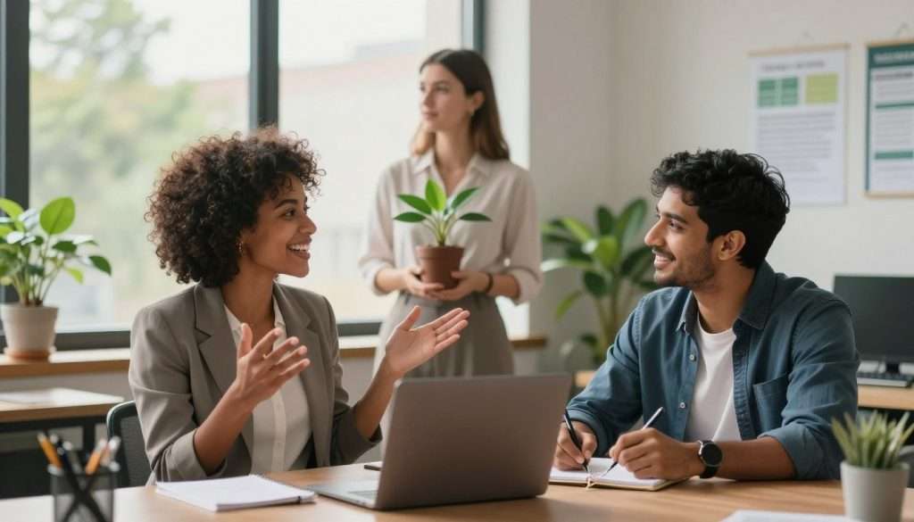A serene office workspace filled with natural light, featuring a diverse group of three individuals engaged in a positive discussion. In the foreground, a woman of African descent is smiling and gesturing enthusiastically, wearing professional business attire. To her right, a South Asian man nods in agreement, taking notes on a laptop, dressed in smart casual clothing. Behind them, a white woman stands by a large window, looking out thoughtfully, holding a plant symbolizing growth. The background showcases soft greenery and motivational posters subtly hinting at personal development. The overall lighting is warm and inviting, creating an atmosphere of collaboration and positivity, reminiscent of inspiration and growth. The composition emphasizes the dynamic energy and empowerment of a growth mindset.