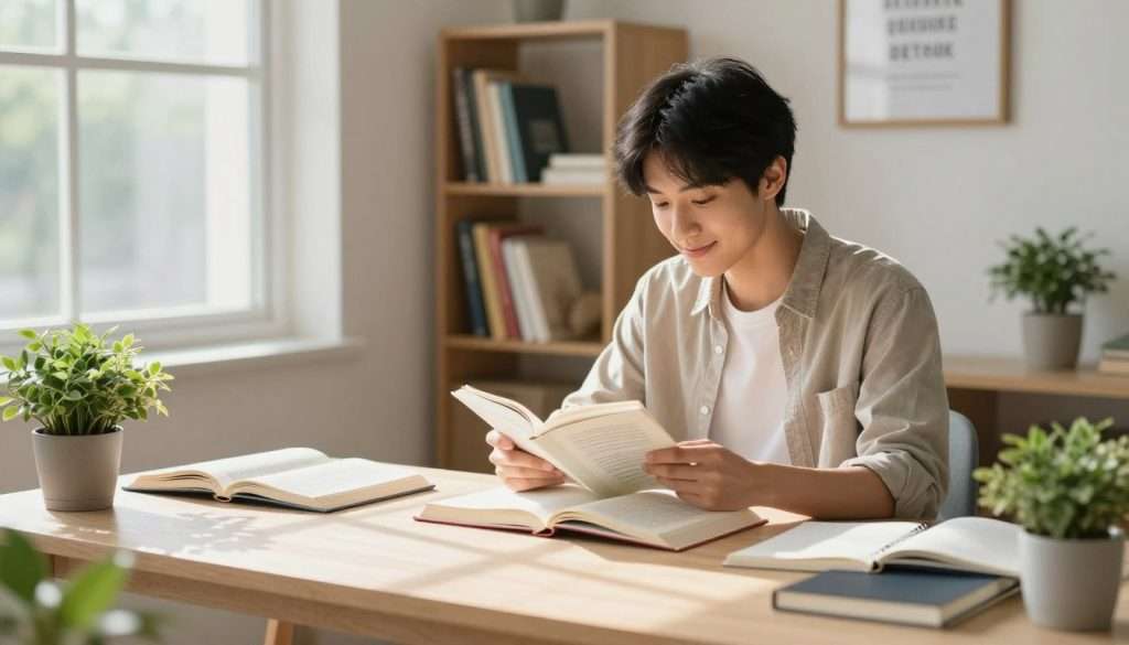 A serene study environment depicting a cozy, minimalist workspace designed for a dopamine detox. In the foreground, a well-organized desk features open textbooks, a notepad, and green plants for a calming effect. The middle ground shows a young adult focused on studying, dressed in modest casual clothing, immersed in a book, with a gentle smile of satisfaction. Natural light filters through a large window, casting soft shadows and creating an inviting atmosphere. The background includes a bookshelf filled with various educational materials, and a motivational quote framed on the wall. The overall mood is peaceful and inspiring, emphasizing the joy of learning and concentration without distractions. A serene study environment depicting a cozy, minimalist workspace designed for a dopamine detox. In the foreground, a well-organized desk features open textbooks, a notepad, and green plants for a calming effect. The middle ground shows a young adult focused on studying, dressed in modest casual clothing, immersed in a book, with a gentle smile of satisfaction. Natural light filters through a large window, casting soft shadows and creating an inviting atmosphere. The background includes a bookshelf filled with various educational materials, and a motivational quote framed on the wall. The overall mood is peaceful and inspiring, emphasizing the joy of learning and concentration without distractions.