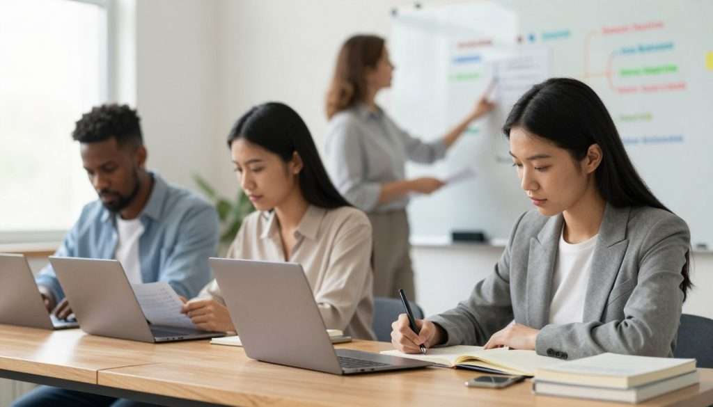 A serene study environment depicting a diverse group of four individuals engaged in focused learning. In the foreground, a young Asian woman in business attire takes notes at a sleek wooden desk, surrounded by books and digital devices. To her left, a Black man in smart casual clothing reviews study materials, while a Hispanic woman collaborates with him on a laptop. In the background, a middle-aged white woman gives a presentation at a whiteboard filled with colorful charts illustrating spaced repetition concepts. Soft, natural light bathes the room, creating a warm, inviting atmosphere. Use a shallow depth of field to emphasize the learners while subtly blurring the background. The mood should be one of concentration, collaboration, and innovation in overcoming common learning challenges.