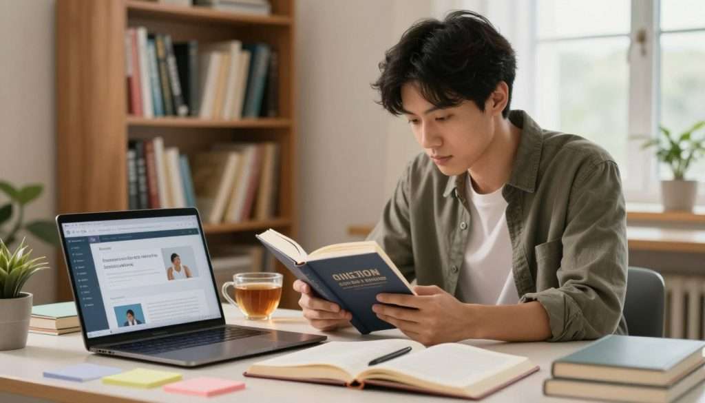 A serene study environment depicting self-education tips. In the foreground, a well-organized desk with an open notebook, colorful sticky notes, and a laptop displaying a digital learning platform. In the middle layer, a focused individual in smart casual attire, deeply engaged in reading a book, with a cup of tea beside them. They have an expression of determination and concentration. In the background, a bookshelf filled with various educational materials and a soft-lit window allowing natural light to filter in, creating a warm, inviting atmosphere. The overall mood is motivational and encouraging, emphasizing the theme of overcoming self-education challenges, with a soft focus effect on the background to keep attention on the subject.