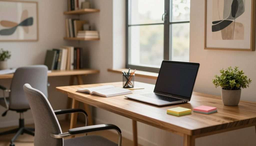 A serene study environment designed for optimal concentration and memorization. In the foreground, a modern wooden desk is adorned with neatly organized study materials, including a laptop, colorful sticky notes, and a potted plant for a touch of greenery. To the left, a comfortable ergonomic chair invites focus. In the middle ground, a large window bathes the space in natural sunlight, illuminating the room. Shelves lined with books create a scholarly ambiance. In the background, a soft abstract painting adds creativity without distraction. The overall atmosphere is calm and inspiring, promoting productivity. The lighting is warm and inviting, creating a sense of clarity. Use a medium-angle shot to capture the harmonious arrangement of study tools and decor. A serene study environment designed for optimal concentration and memorization. In the foreground, a modern wooden desk is adorned with neatly organized study materials, including a laptop, colorful sticky notes, and a potted plant for a touch of greenery. To the left, a comfortable ergonomic chair invites focus. In the middle ground, a large window bathes the space in natural sunlight, illuminating the room. Shelves lined with books create a scholarly ambiance. In the background, a soft abstract painting adds creativity without distraction. The overall atmosphere is calm and inspiring, promoting productivity. The lighting is warm and inviting, creating a sense of clarity. Use a medium-angle shot to capture the harmonious arrangement of study tools and decor.