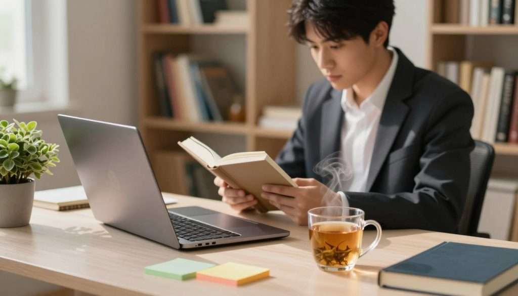 A serene study environment featuring a cozy desk setup. In the foreground, a well-organized desk with colorful sticky notes, a sleek laptop, and a steaming mug of herbal tea. A plant sits nearby, adding a touch of nature. In the middle background, a student, dressed in smart casual attire, is peacefully absorbed in reading a book, surrounded by an atmosphere of focus and tranquility. Soft, warm lighting illuminates the scene, casting gentle shadows, and creating a calm ambiance. The background features a neatly arranged bookshelf filled with various educational materials, contributing to a sense of knowledge and learning. The overall mood is inspiring and motivating, emphasizing the concept of optimizing both physical and mental states for effective studying. A serene study environment featuring a cozy desk setup. In the foreground, a well-organized desk with colorful sticky notes, a sleek laptop, and a steaming mug of herbal tea. A plant sits nearby, adding a touch of nature. In the middle background, a student, dressed in smart casual attire, is peacefully absorbed in reading a book, surrounded by an atmosphere of focus and tranquility. Soft, warm lighting illuminates the scene, casting gentle shadows, and creating a calm ambiance. The background features a neatly arranged bookshelf filled with various educational materials, contributing to a sense of knowledge and learning. The overall mood is inspiring and motivating, emphasizing the concept of optimizing both physical and mental states for effective studying.