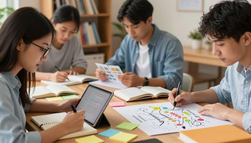 A serene study environment featuring a diverse group of students, all engaged in various study techniques for multiple subjects. In the foreground, a young woman with glasses is taking notes on a tablet, surrounded by colorful sticky notes and textbooks. To the side, a young man is using flashcards to memorize vocabulary, while another student is mind-mapping a complicated concept, using colorful markers on a large sheet of paper. In the background, a soft-focus bookshelf filled with academic resources adds depth. The lighting is warm and inviting, creating an atmosphere of productivity and focus. The lens angle captures a dynamic view of collaboration and learning. The overall mood is inspiring and supports the theme of mastering multiple subjects efficiently. A serene study environment featuring a diverse group of students, all engaged in various study techniques for multiple subjects. In the foreground, a young woman with glasses is taking notes on a tablet, surrounded by colorful sticky notes and textbooks. To the side, a young man is using flashcards to memorize vocabulary, while another student is mind-mapping a complicated concept, using colorful markers on a large sheet of paper. In the background, a soft-focus bookshelf filled with academic resources adds depth. The lighting is warm and inviting, creating an atmosphere of productivity and focus. The lens angle captures a dynamic view of collaboration and learning. The overall mood is inspiring and supports the theme of mastering multiple subjects efficiently.